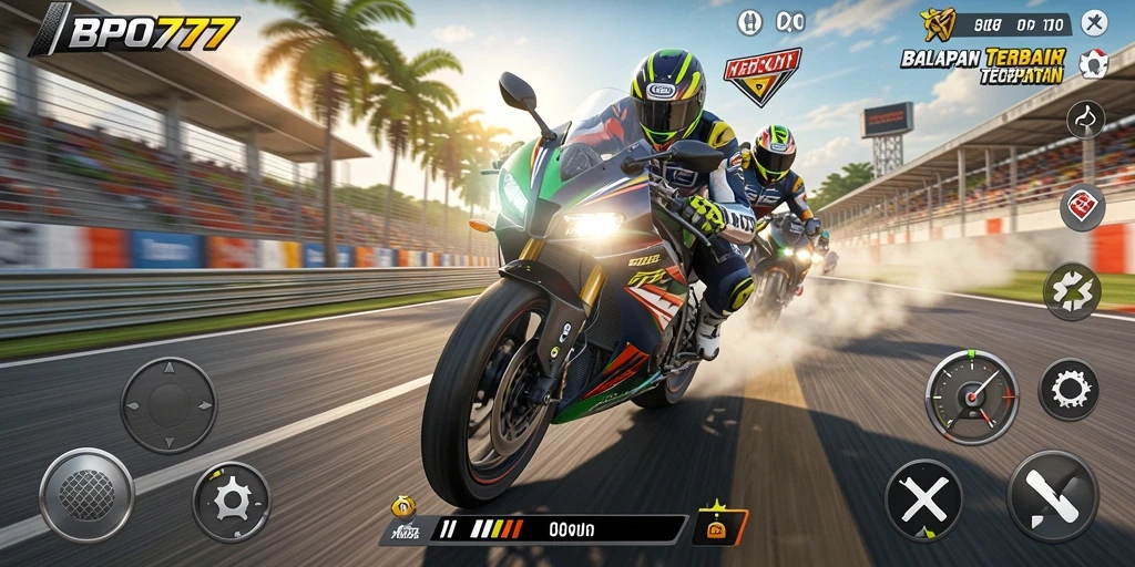 Screenshot dari gameplay BPO777 menampilkan aksi balapan motor yang seru.