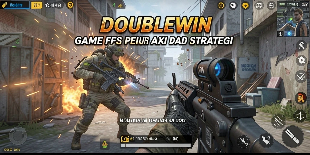 Screenshot gameplay DOUBLEWIN menampilkan aksi tembak-menembak yang intens.