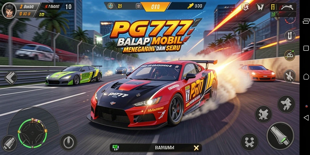 Screenshot gameplay <strong>PG777</strong> menunjukkan akselerasi mobil yang cepat dan trek balapan yang menantang.