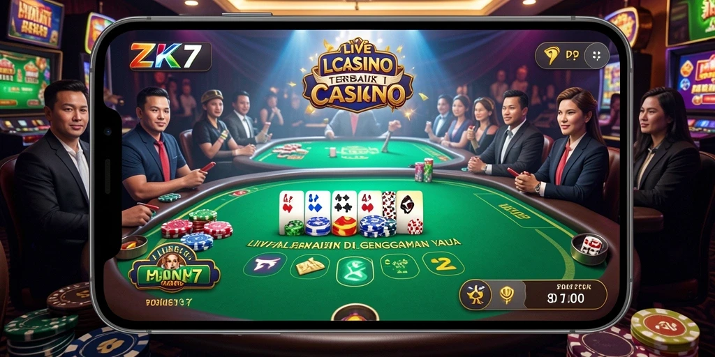Screenshot gameplay <strong>ZK7</strong> menunjukkan suasana kasino yang nyata dan interaksi langsung dengan dealer.